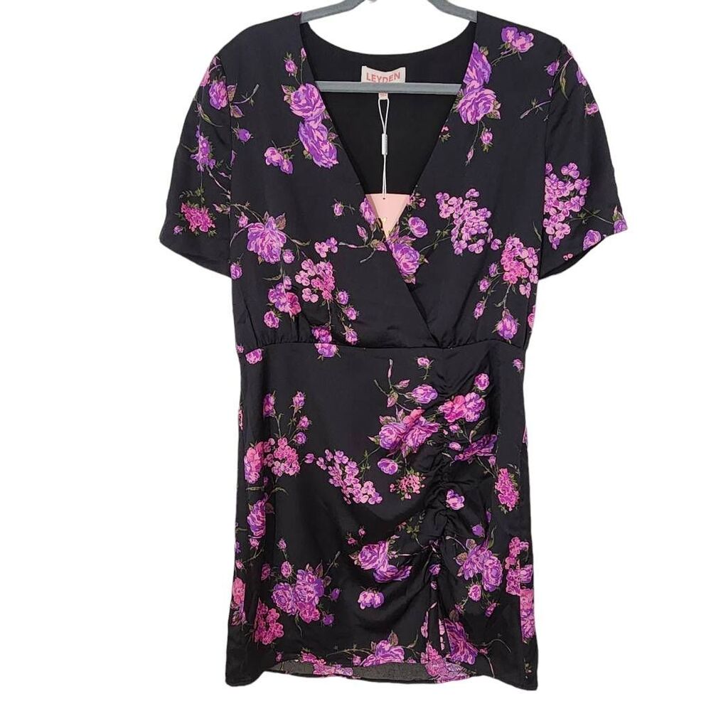 Leyden Black and Purple Floral Mini Dress NWT Size Medium Wedding Guest Dress